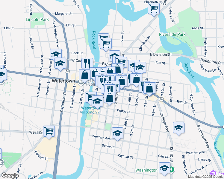 map of restaurants, bars, coffee shops, grocery stores, and more near 301 East Main Street in Watertown