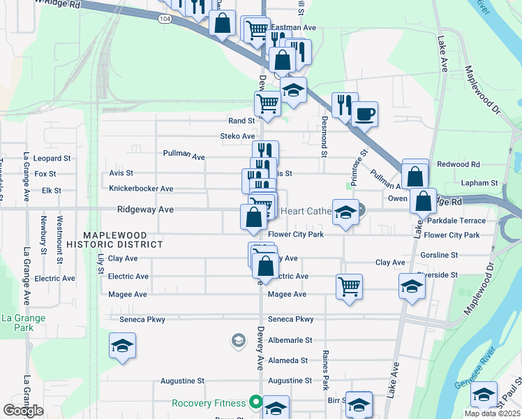 map of restaurants, bars, coffee shops, grocery stores, and more near Dewey Avenue & Ridgeway Avenue in Rochester