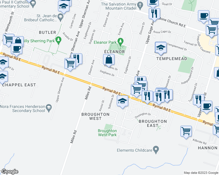 map of restaurants, bars, coffee shops, grocery stores, and more near 805 Rymal Road East in Hamilton