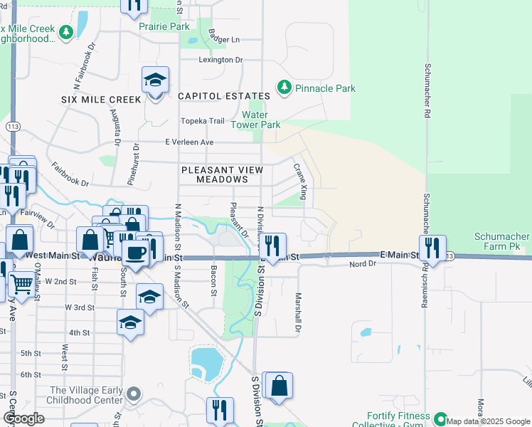 map of restaurants, bars, coffee shops, grocery stores, and more near 205 North Division Street in Waunakee
