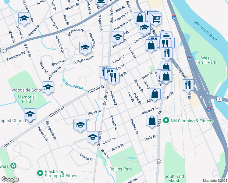 map of restaurants, bars, coffee shops, grocery stores, and more near 88 Concord St in Concord