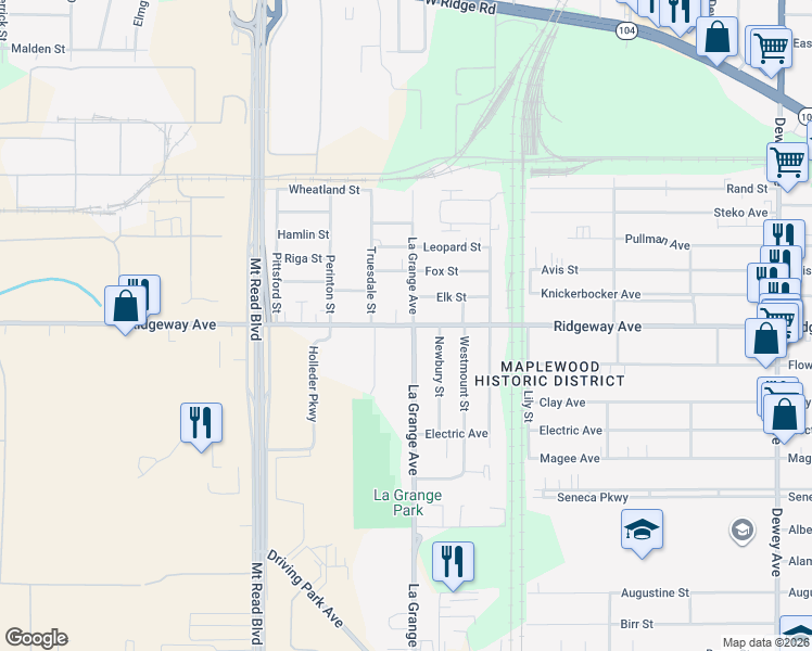 map of restaurants, bars, coffee shops, grocery stores, and more near 870 Ridgeway Avenue in Rochester