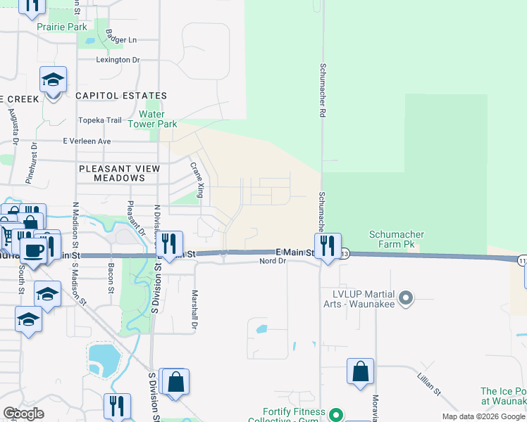 map of restaurants, bars, coffee shops, grocery stores, and more near 5802 Wisconsin 19 in Waunakee