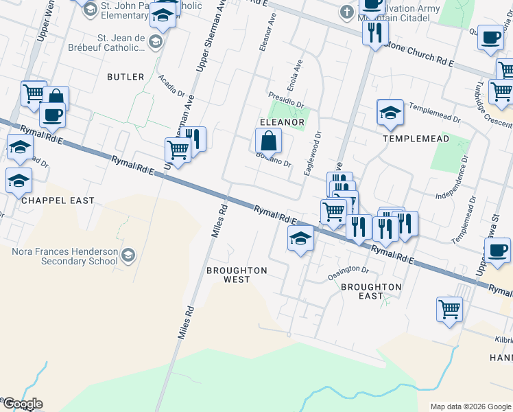 map of restaurants, bars, coffee shops, grocery stores, and more near 773 Rymal Road East in Hamilton