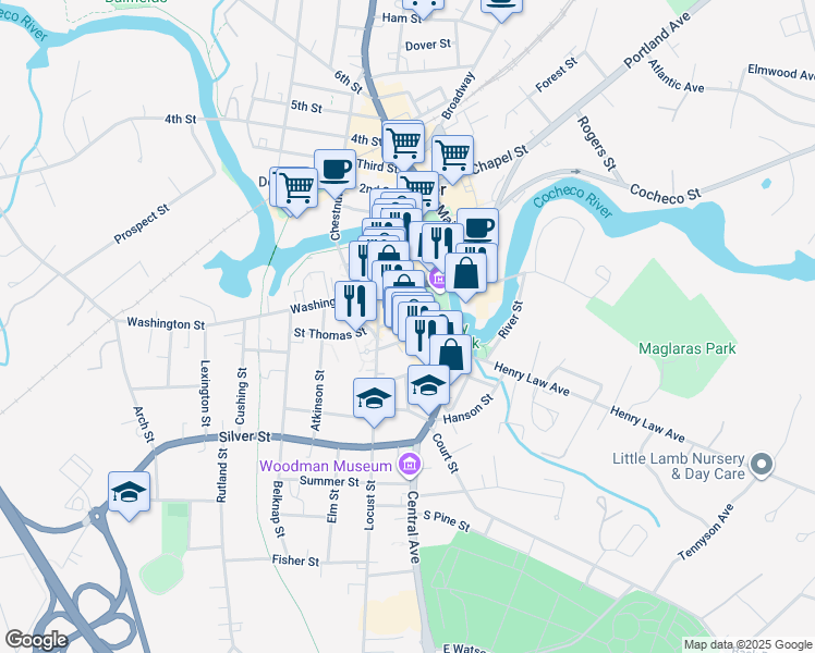 map of restaurants, bars, coffee shops, grocery stores, and more near 300 Central Avenue in Dover