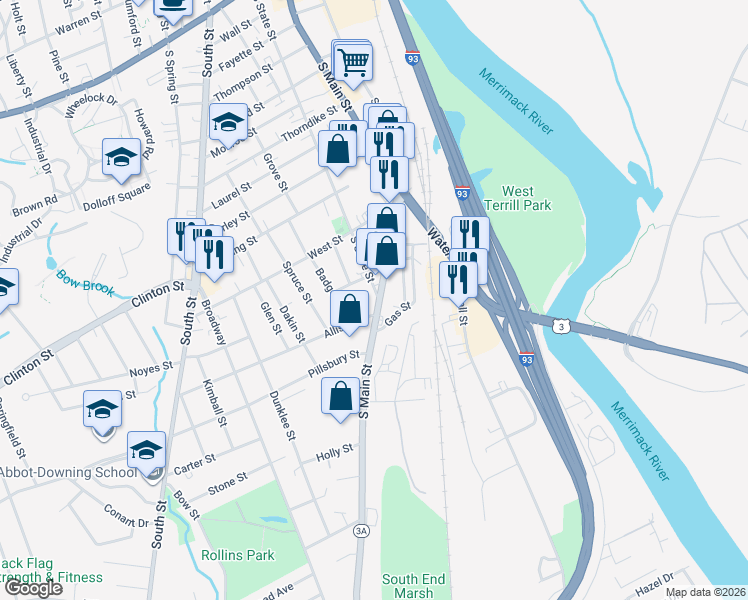 map of restaurants, bars, coffee shops, grocery stores, and more near 114 South State Street in Concord