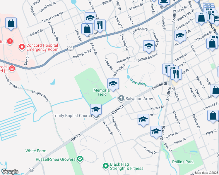 map of restaurants, bars, coffee shops, grocery stores, and more near 100 South Fruit Street in Concord