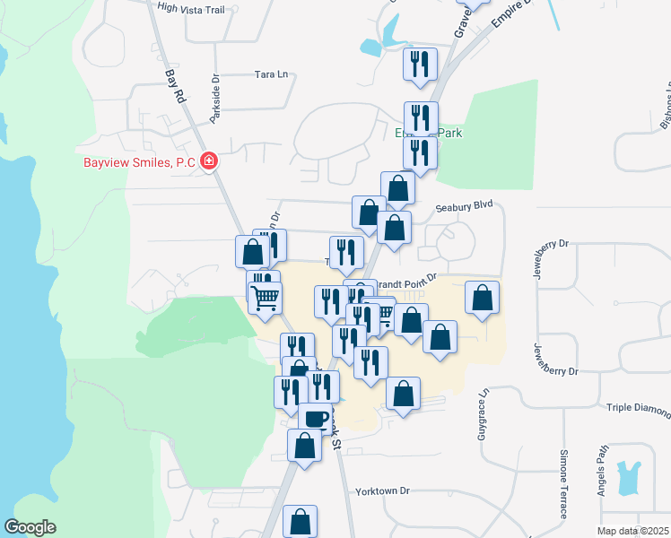 map of restaurants, bars, coffee shops, grocery stores, and more near 35 Terrel Drive in Webster
