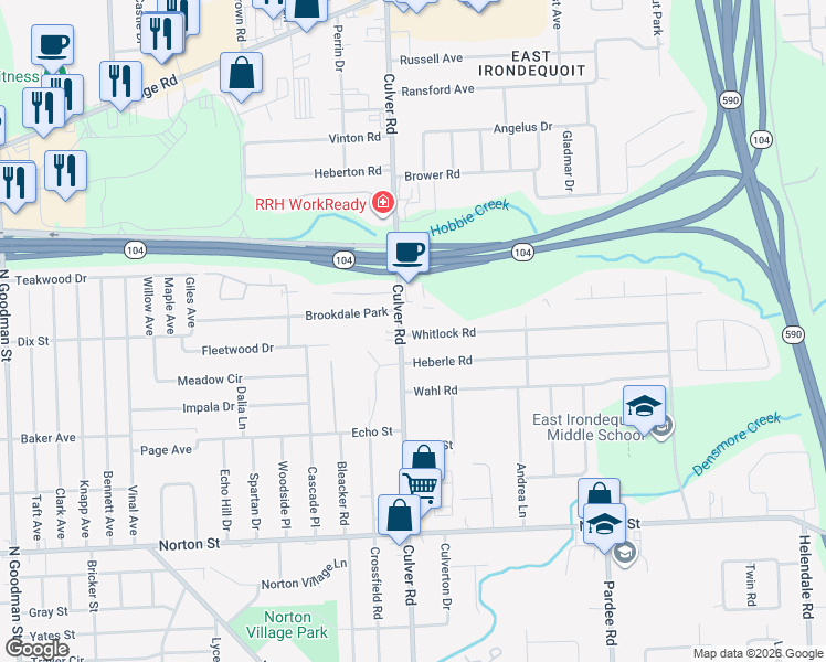map of restaurants, bars, coffee shops, grocery stores, and more near 870 Whitlock Road in Rochester