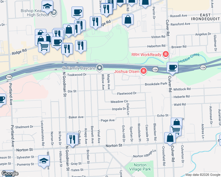map of restaurants, bars, coffee shops, grocery stores, and more near 159 Giles Avenue in Rochester