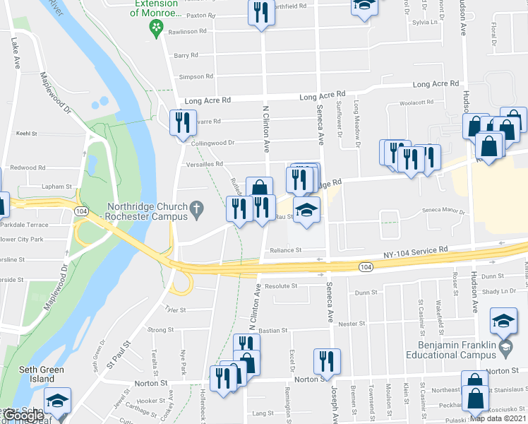 map of restaurants, bars, coffee shops, grocery stores, and more near 200 East Ridge Road in Rochester