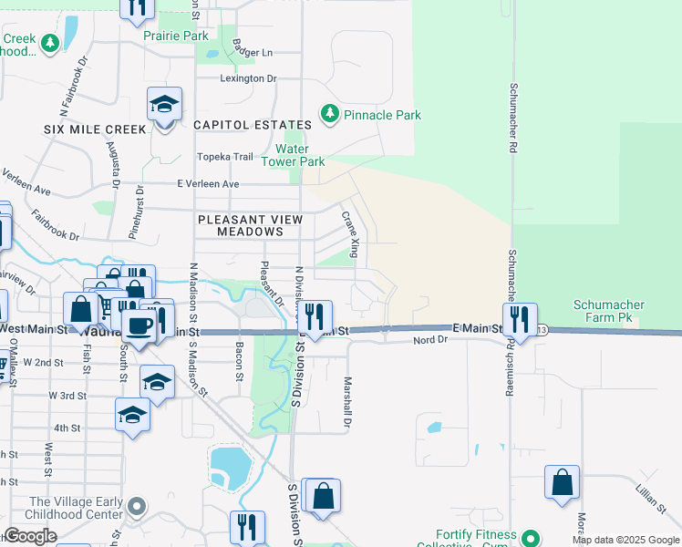 map of restaurants, bars, coffee shops, grocery stores, and more near 517 Hillcrest Drive in Waunakee