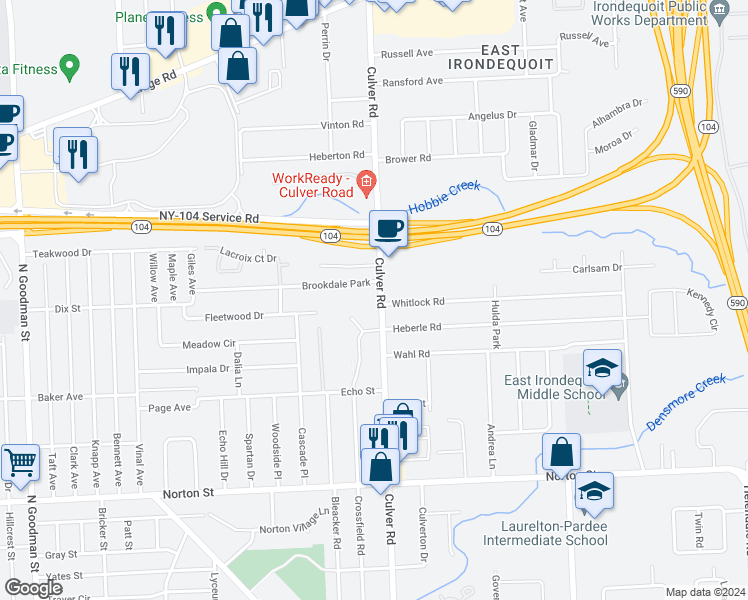 map of restaurants, bars, coffee shops, grocery stores, and more near 2561 Culver Road in Rochester