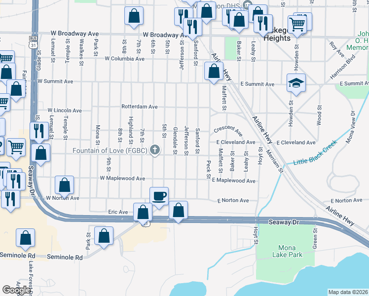 map of restaurants, bars, coffee shops, grocery stores, and more near 3229 Jefferson Street in Muskegon Heights