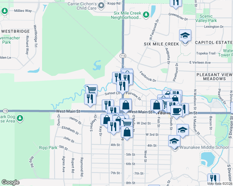 map of restaurants, bars, coffee shops, grocery stores, and more near 507 Sunset Lane in Waunakee