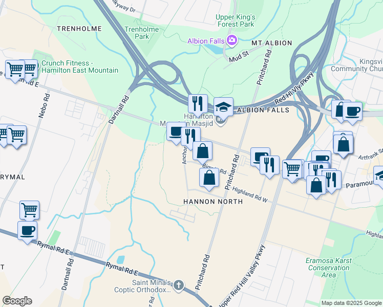 map of restaurants, bars, coffee shops, grocery stores, and more near 1530 Stone Church Road East in Hamilton