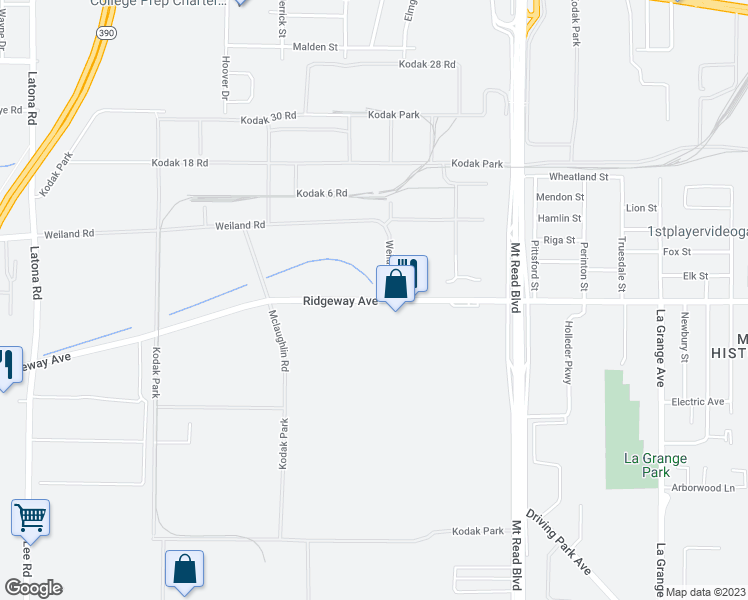 map of restaurants, bars, coffee shops, grocery stores, and more near Ridgeway Avenue in Rochester
