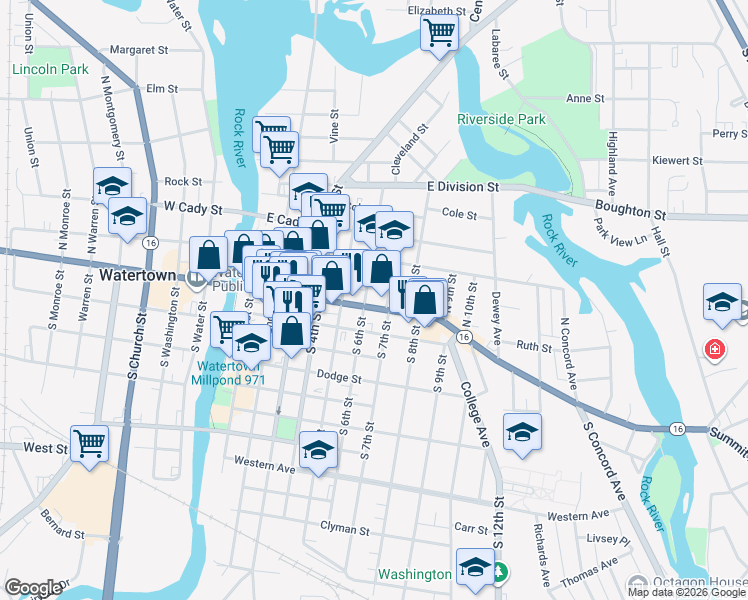 map of restaurants, bars, coffee shops, grocery stores, and more near 600 East Main Street in Watertown