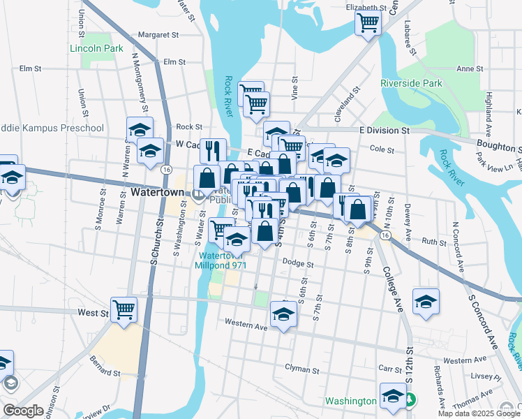 map of restaurants, bars, coffee shops, grocery stores, and more near 301 East Main Street in Watertown