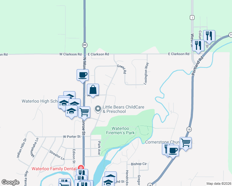 map of restaurants, bars, coffee shops, grocery stores, and more near 401 Anna Street in Waterloo