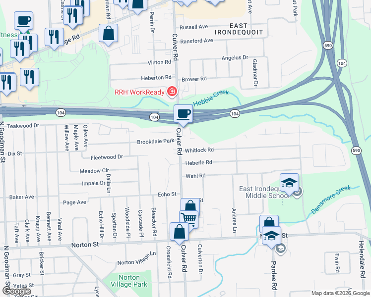 map of restaurants, bars, coffee shops, grocery stores, and more near 870 Whitlock Road in Rochester