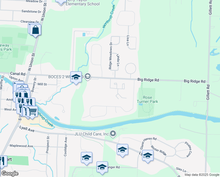map of restaurants, bars, coffee shops, grocery stores, and more near Caraway Lane & Butterweed Drive in Spencerport