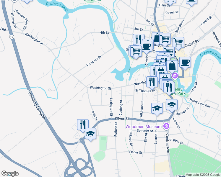 map of restaurants, bars, coffee shops, grocery stores, and more near 243 Washington Street in Dover