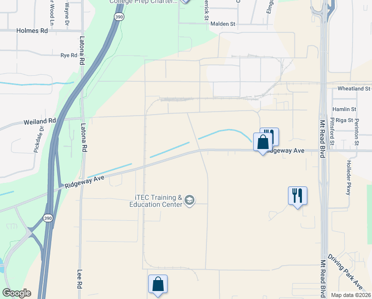 map of restaurants, bars, coffee shops, grocery stores, and more near 1490 Ridgeway Avenue in Rochester