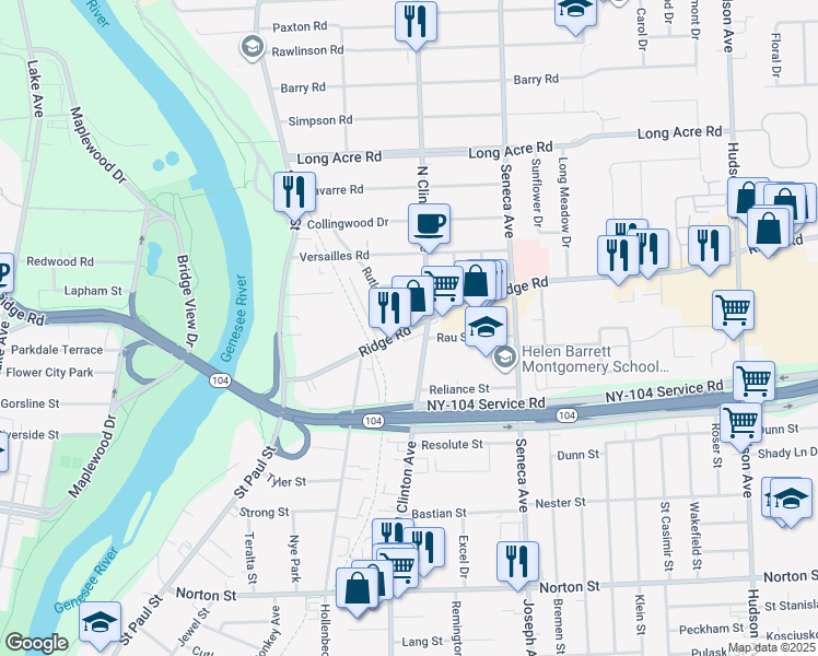 map of restaurants, bars, coffee shops, grocery stores, and more near 200 East Ridge Road in Rochester