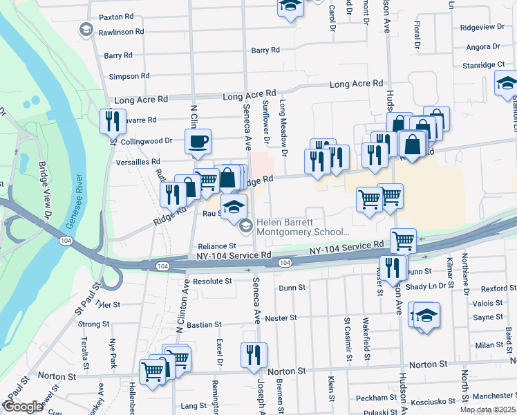 map of restaurants, bars, coffee shops, grocery stores, and more near 356 Seneca Avenue in Rochester