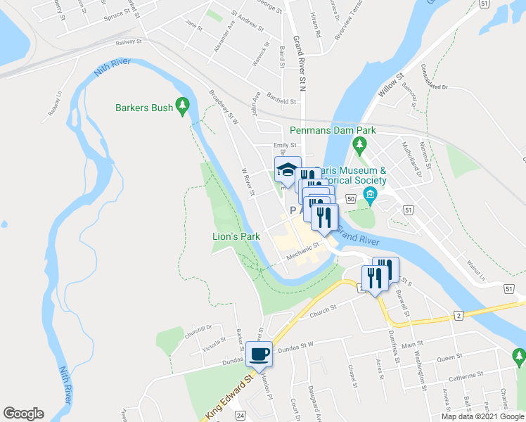map of restaurants, bars, coffee shops, grocery stores, and more near 47 West River Street in Brant