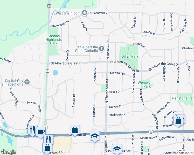 map of restaurants, bars, coffee shops, grocery stores, and more near 1003 Amberson Drive in Sun Prairie