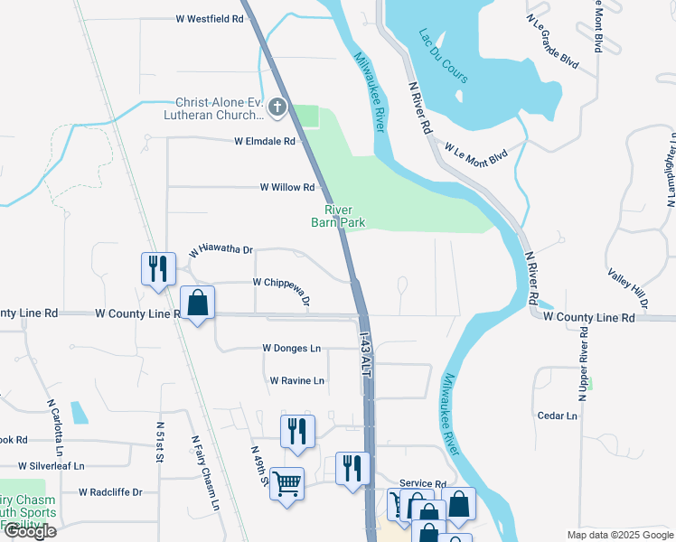 map of restaurants, bars, coffee shops, grocery stores, and more near 9705 North Cedarburg Road in Mequon