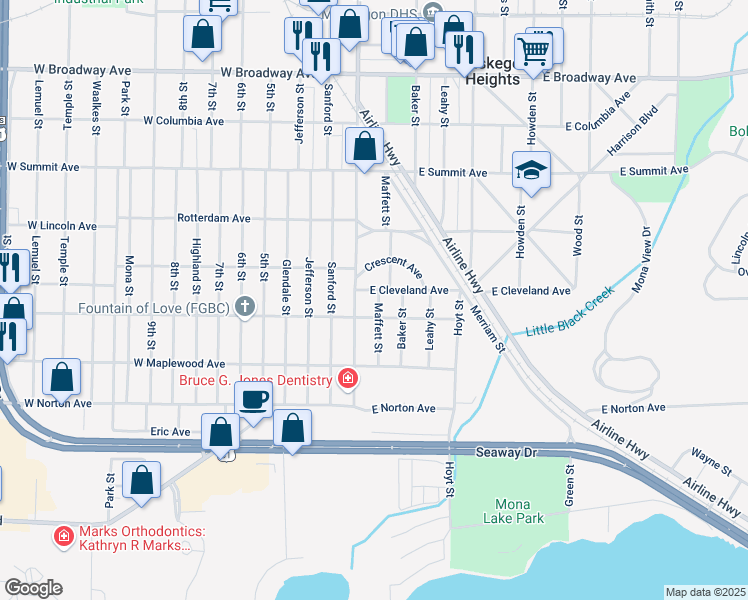 map of restaurants, bars, coffee shops, grocery stores, and more near 3229 Maffett Street in Muskegon Heights