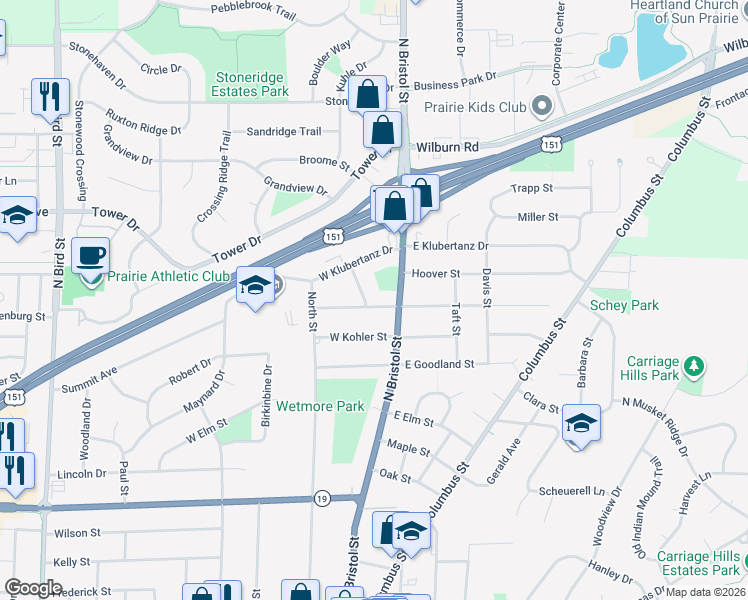map of restaurants, bars, coffee shops, grocery stores, and more near 116 West MacArthur Street in Sun Prairie