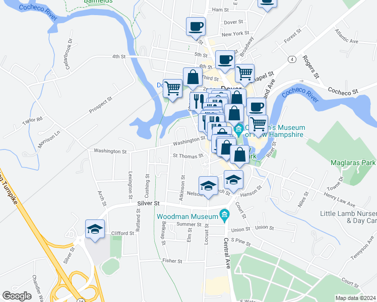 map of restaurants, bars, coffee shops, grocery stores, and more near 57 Saint Thomas Street in Dover