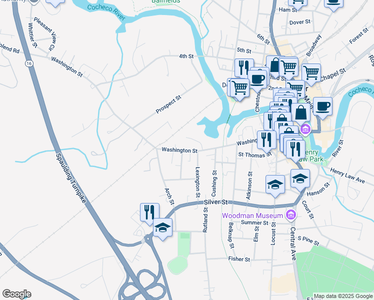 map of restaurants, bars, coffee shops, grocery stores, and more near 243 Washington Street in Dover