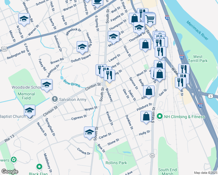map of restaurants, bars, coffee shops, grocery stores, and more near 88 West Street in Concord