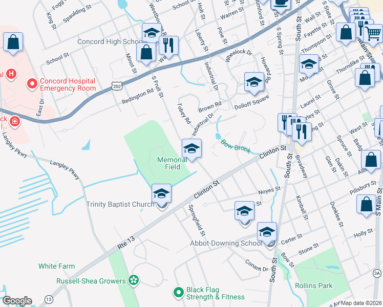 map of restaurants, bars, coffee shops, grocery stores, and more near 100 South Fruit Street in Concord