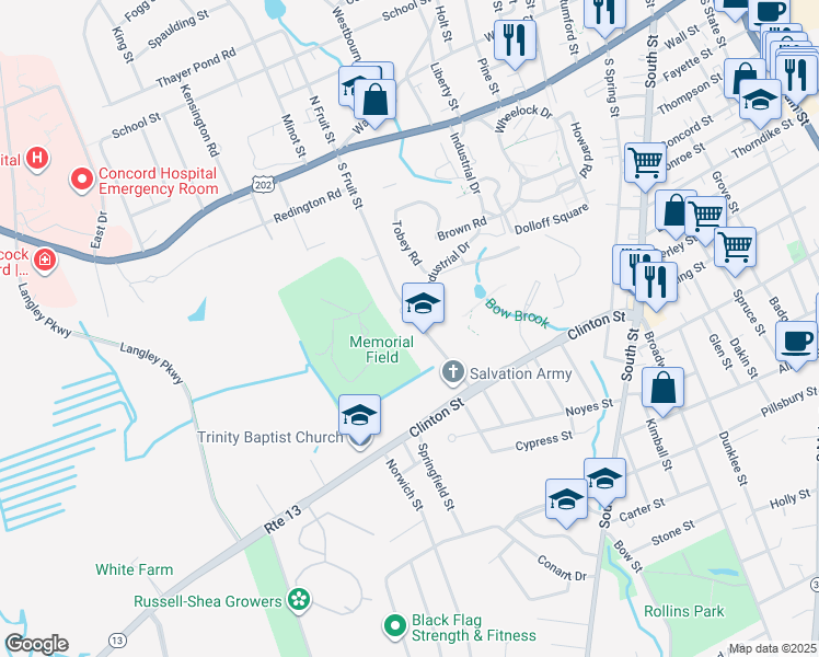 map of restaurants, bars, coffee shops, grocery stores, and more near 100 South Fruit Street in Concord