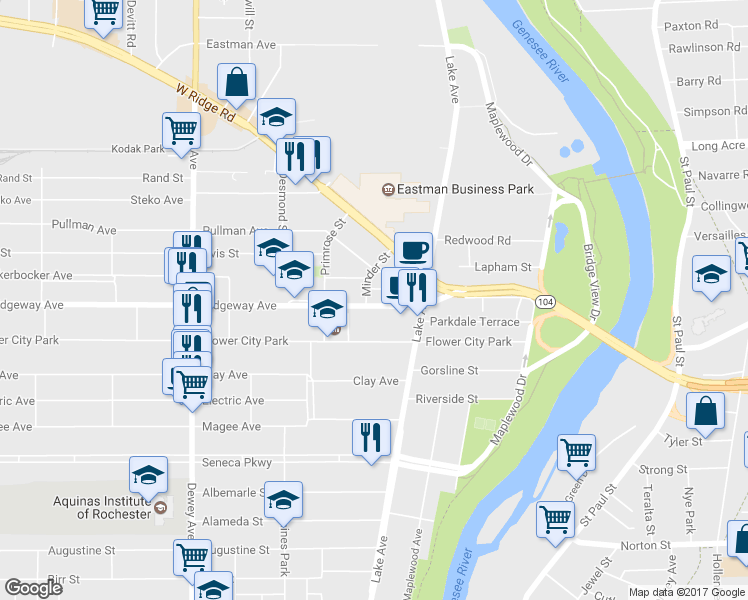 map of restaurants, bars, coffee shops, grocery stores, and more near 68 Ridgeway Avenue in Rochester