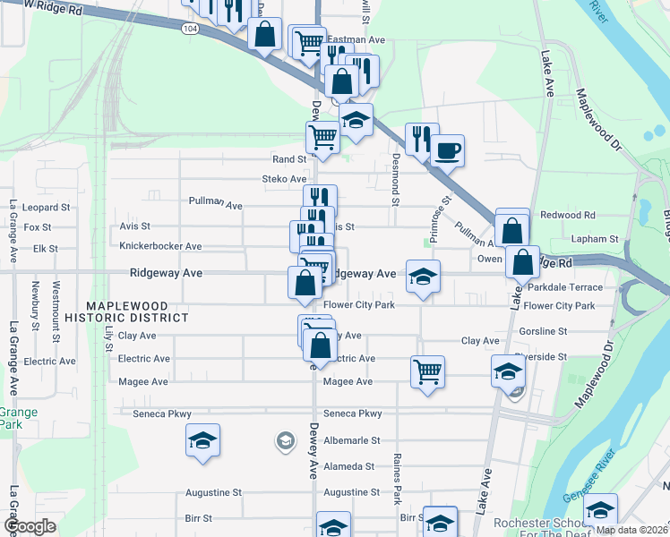 map of restaurants, bars, coffee shops, grocery stores, and more near in Rochester