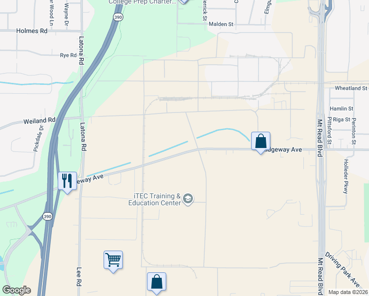 map of restaurants, bars, coffee shops, grocery stores, and more near 1490 Ridgeway Avenue in Rochester