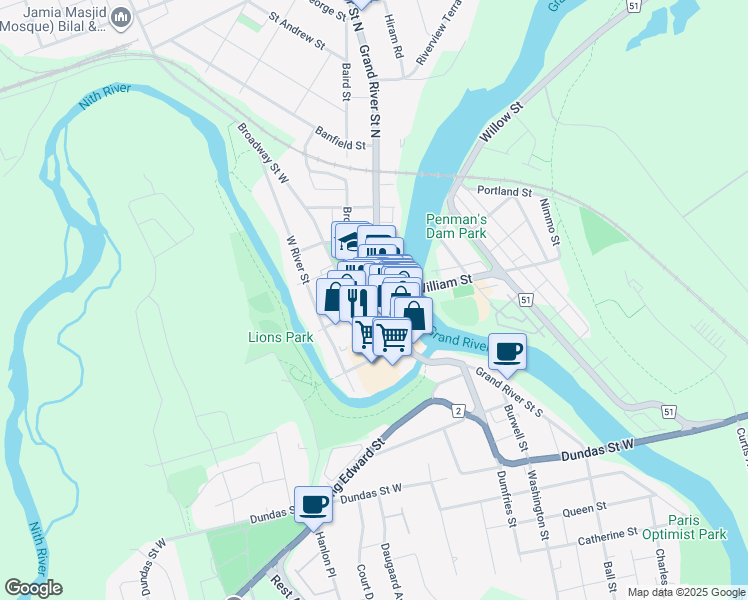 map of restaurants, bars, coffee shops, grocery stores, and more near 22 William Street in Brant