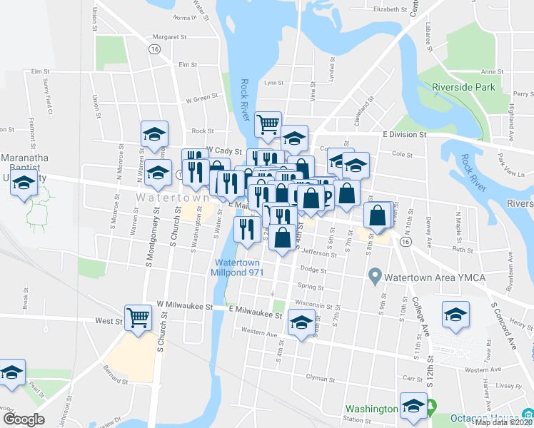 map of restaurants, bars, coffee shops, grocery stores, and more near 115 East Main Street in Watertown