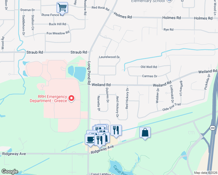map of restaurants, bars, coffee shops, grocery stores, and more near 1315 Weiland Road in Rochester