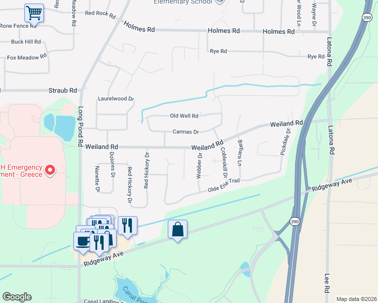 map of restaurants, bars, coffee shops, grocery stores, and more near 10 Webwood Circle in Rochester
