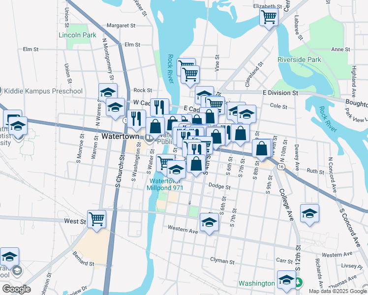 map of restaurants, bars, coffee shops, grocery stores, and more near 115 East Main Street in Watertown