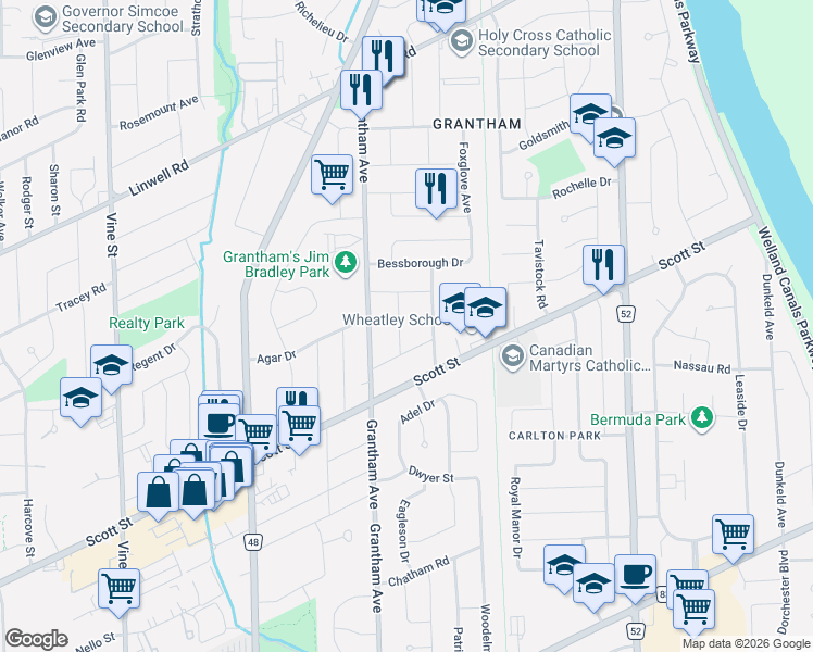 map of restaurants, bars, coffee shops, grocery stores, and more near 8 Roxanne Drive in St. Catharines