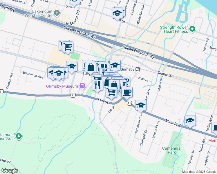 map of restaurants, bars, coffee shops, grocery stores, and more near 53 Main Street West in Grimsby